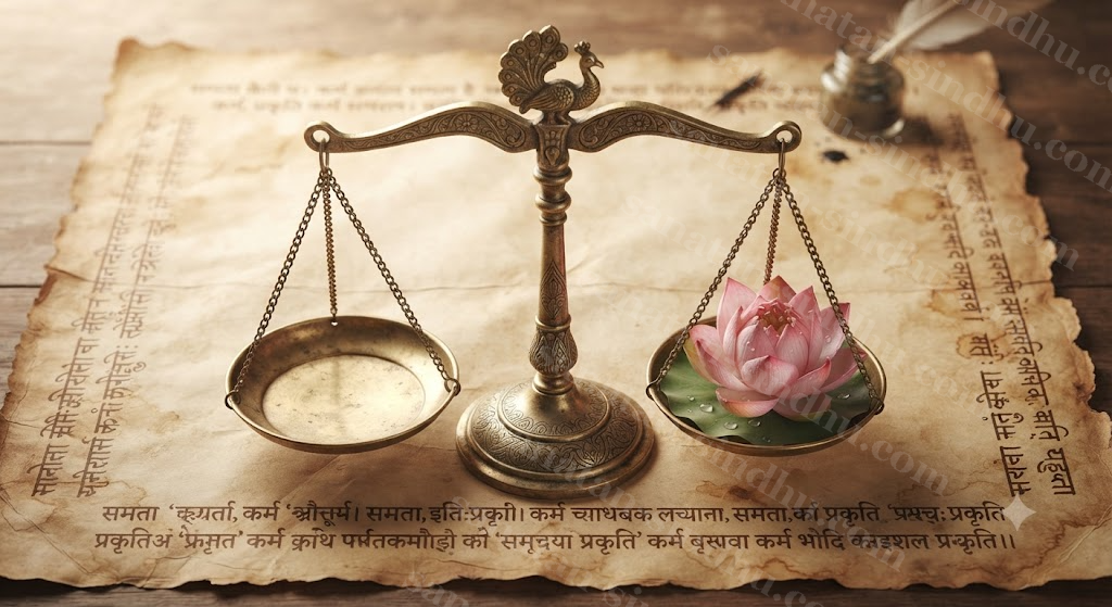 A pair of balanced scales holding a lotus on one pan and an empty pan on the other, on warm parchment with Devanāgarī marginalia.