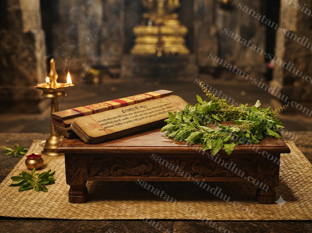 A palm-leaf manuscript of the Śaraṇāgati Gadya beside a garland of tulasī leaves on a low wooden stand in temple lamplight.