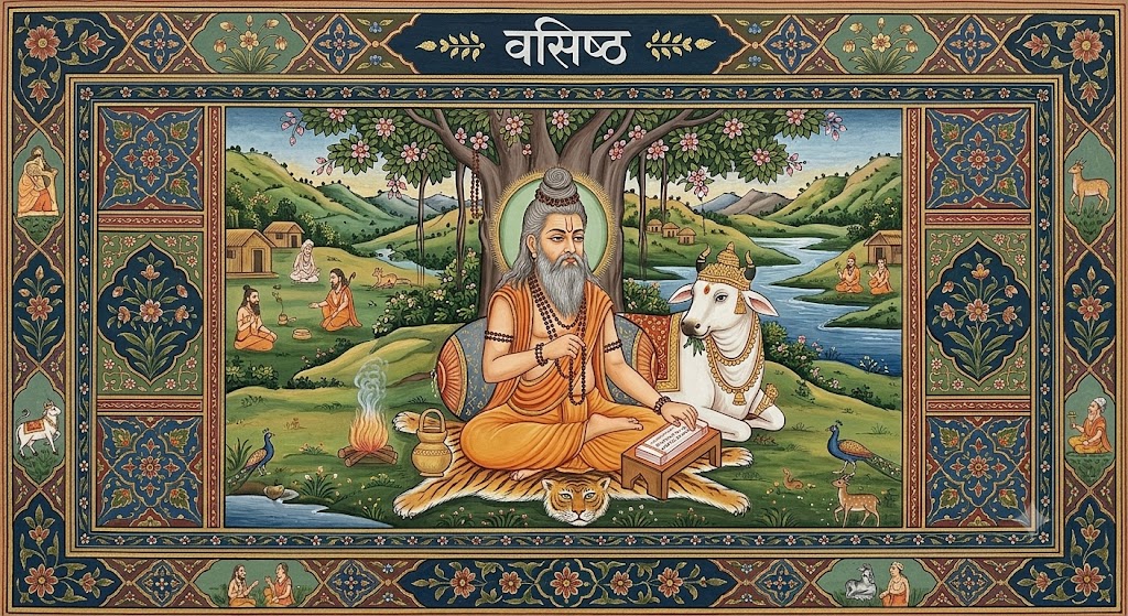 A reverent portrait or iconographic image of Vashishtha (वसिष्ठ) in the traditional South Indian or Pahari miniature register.