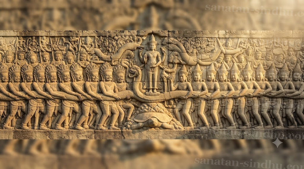 A long section of the 49-metre Samudra Manthana bas-relief at Angkor Wat: ranks of Asuras and Devas hauling on the serpent Vāsuki in opposite directions, Viṣṇu standing at the centre and Kūrma the tortoise beneath the churning pivot, raking light across the sandstone.
