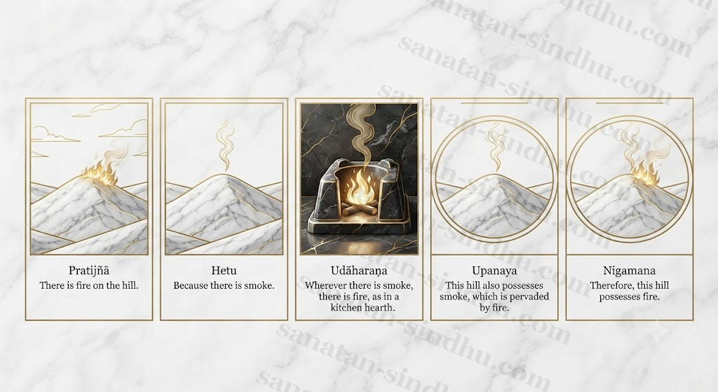 A wordless five-panel illustration of the classical fire-on-the-hill example, left to right, in a minimalist marble-and-gold style matching the rest of this page. Panel 1 (Pratijñā): a lone hill under open sky with visible flames on its slope. Panel 2 (Hetu): the same hill, flames no longer visible, only a column of smoke rising from it. Panel 3 (Udāharaṇa): a traditional kitchen hearth (chulha) with both fire and smoke together, establishing the general rule that smoke means fire. Panel 4 (Upanaya): the hill with smoke again, framed to visually echo the hearth panel, applying that rule to this specific case. Panel 5 (Nigamana): the hill once more, now showing both smoke and flame together, the conclusion confirmed. No text, numerals, or labels appear on the panels themselves.