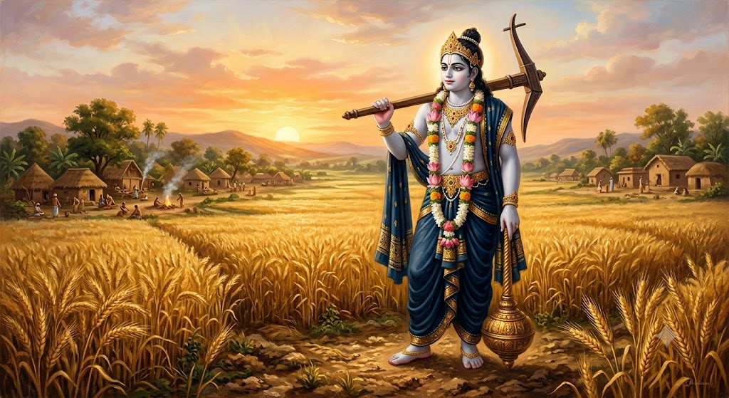 Fair-skinned Balarāma in dark-blue garments, garland of forest flowers, standing in a golden wheat field with his mighty plough (hala) resting on his shoulder and his mace beside him; a village of early agricultural settlements in the distance under a warm sunrise.
