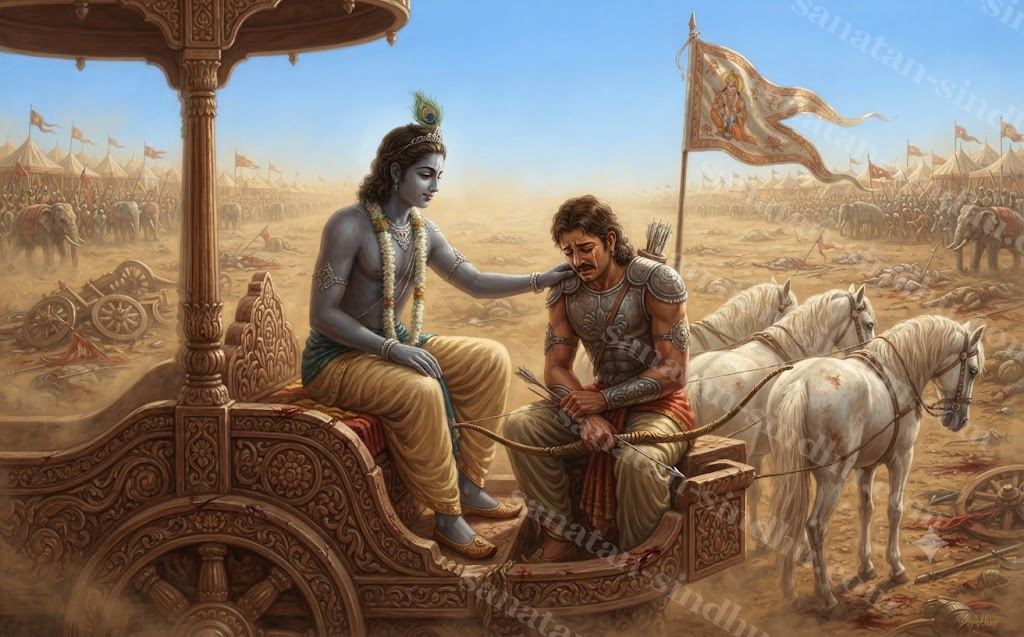 Kṛṣṇa restored to his gentle two-armed human form, one hand on a trembling Arjuna's shoulder on the chariot, dust settling around them.