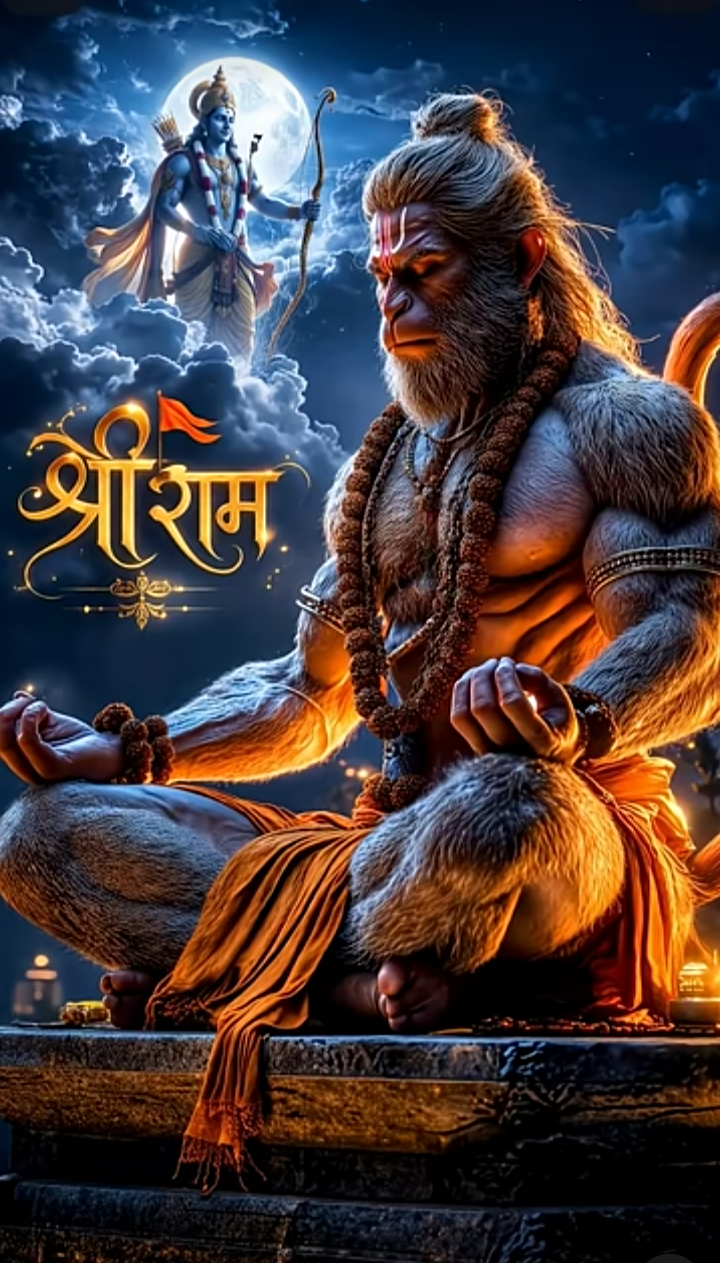 Hanumān meditating under a moonlit sky as Rāma appears above the clouds