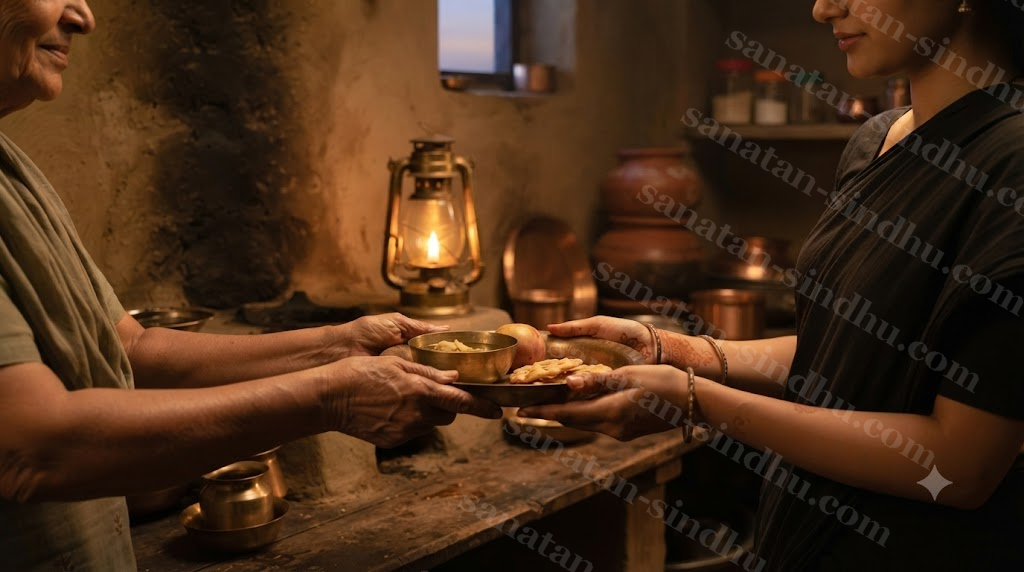 A pre-dawn sargī scene: an older woman's hands passing a small brass thālī of food to a younger woman's hands by the light of a single kitchen lamp, before sunrise.