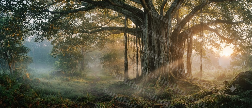 A massive old banyan tree with sprawling aerial roots in a forest clearing at early morning, soft mist low to the ground and sunrise light through the canopy.