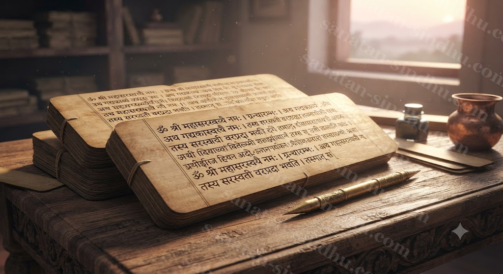 An open palm-leaf manuscript with the last line unfinished and a stylus set down beside it, dawn light on the page.