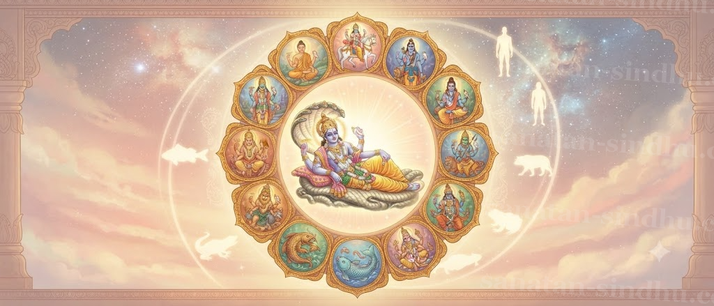 Cinematic mural of Viṣṇu at the centre, encircled by the ten avatāras in a slow rotating mandala — Matsya to Kalki — with a faint spiral of species silhouettes (fish, amphibian, mammal, hominid, ideal human) glowing behind them at cosmic dawn.