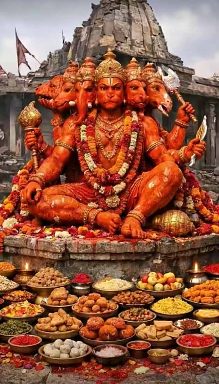 Pañchamukhī Hanumān shrine adorned with garlands and offerings