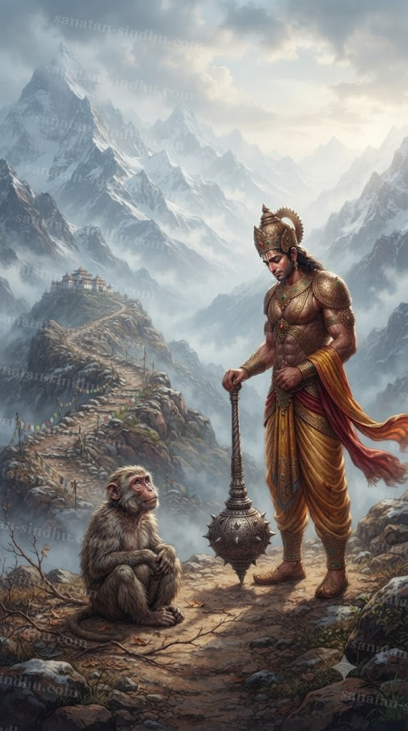 Bhīma in golden armour with his mace pauses on a misty mountain path before a small old monkey.