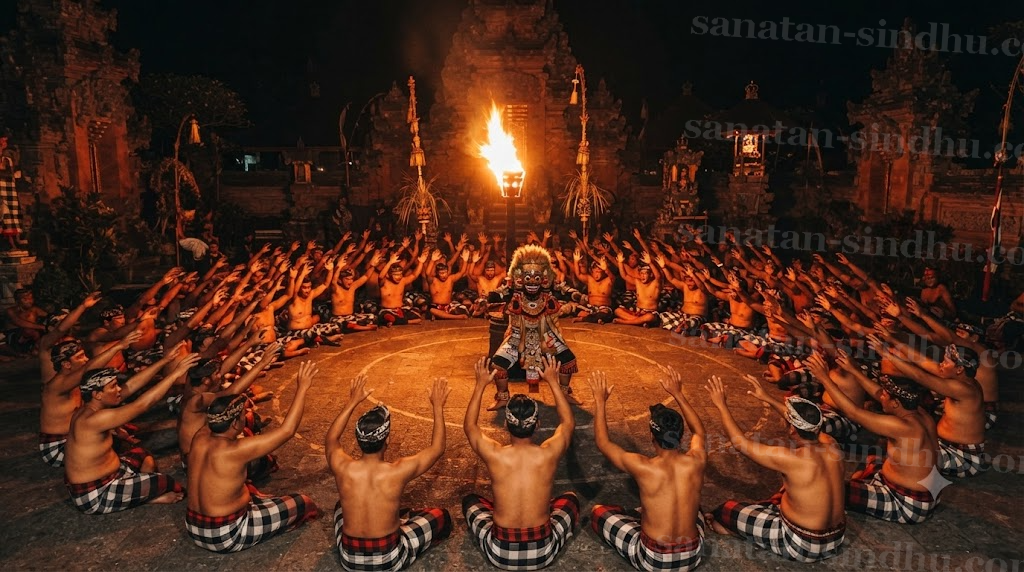 Night photograph of a Kecak performance: over a hundred bare-chested men in checked sarongs seated in concentric rings around a tall central torch, arms raised and bodies leaning as one, a masked Rāvaṇa figure in the centre, no instruments anywhere.