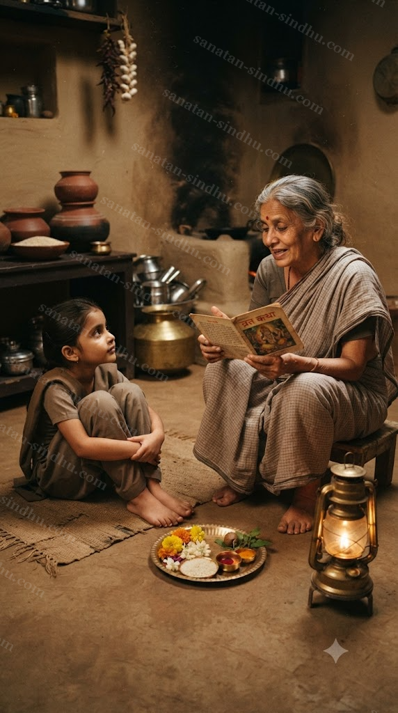An elderly woman seated on a low wooden stool in a modest kitchen by lamplight, telling a vrata-kathā from a thin printed pamphlet to a young girl listening with her knees drawn up, a small brass plate of offerings between them.