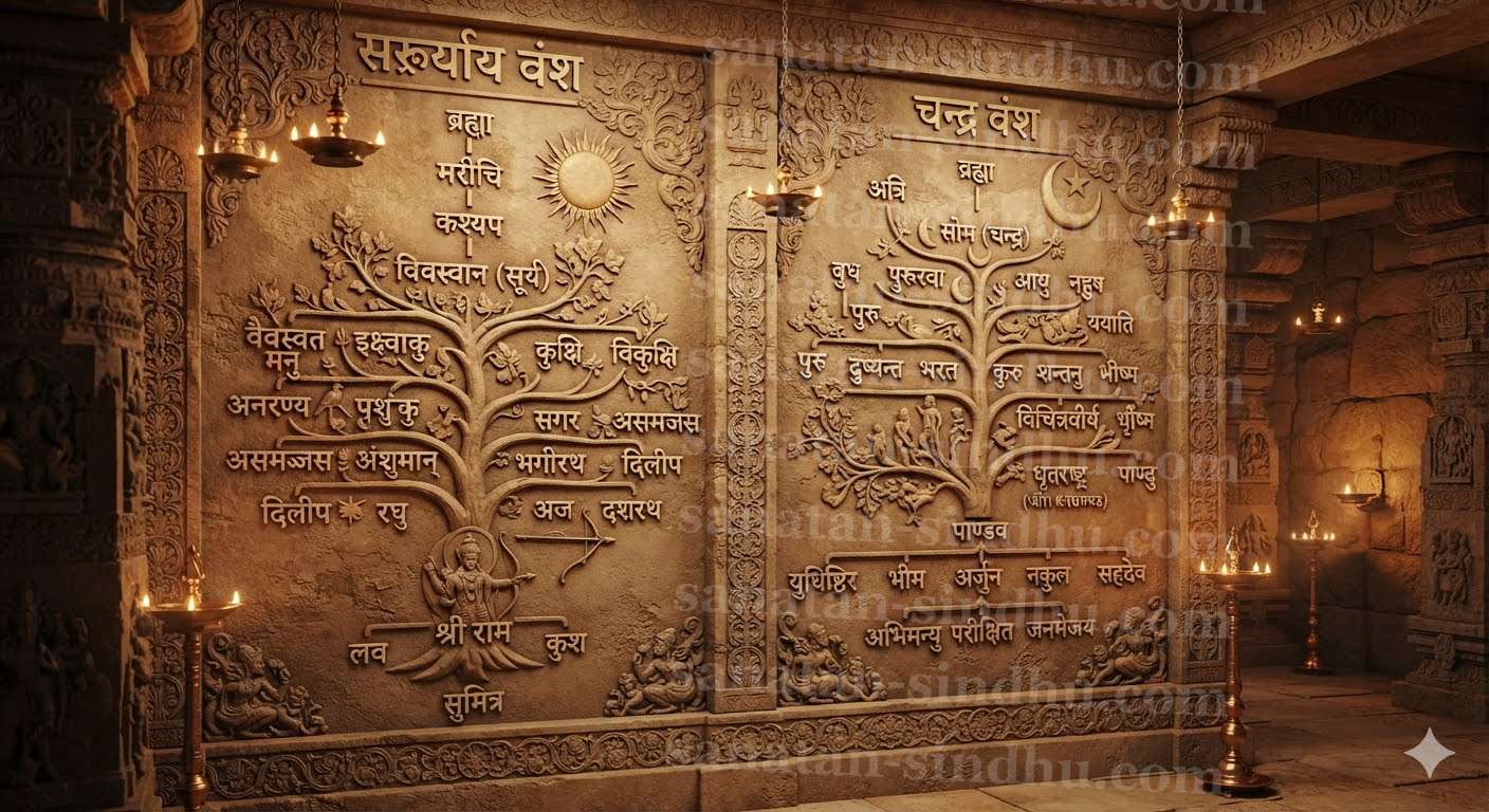 Detailed diagram of the Sūrya-vaṁśa and Candra-vaṁśa dynastic trees carved in stone, warm bronze lighting, elegant Devanāgarī labels.