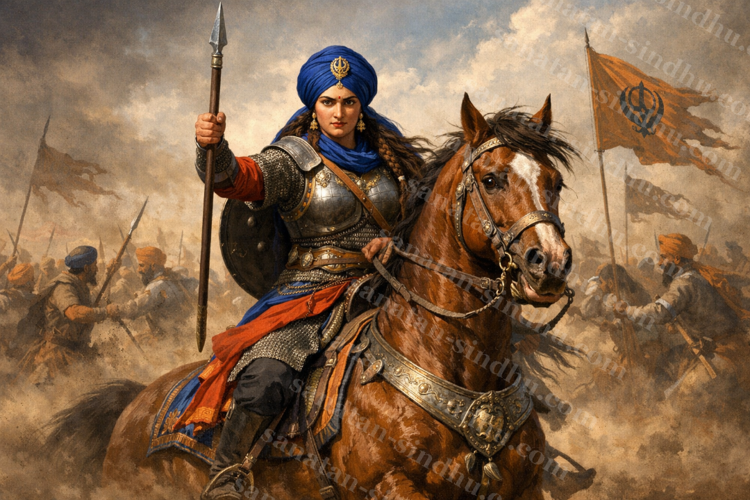 A Sikh warrior woman in a blue turban and chainmail armor, holding a spear astride a horse on a dusty battlefield, Sikh banners visible behind her.