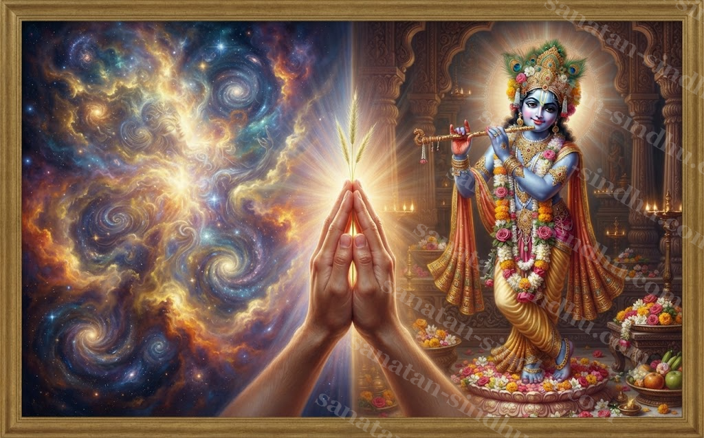 Two harmonised halves of one image: a blazing formless cosmic light on the left, a garlanded traditional image of Kṛṣṇa with a flute on the right, joined at the centre by a devotee's folded hands.