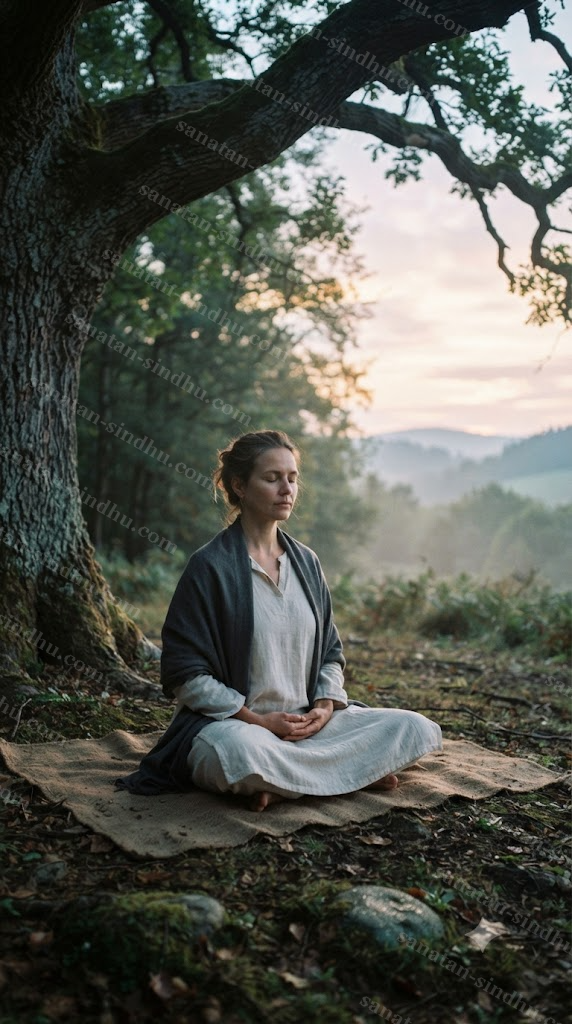 A woman seated in quiet meditation under a tree at the forest's edge, simple clothing, hands folded, soft dawn light, still and austere.