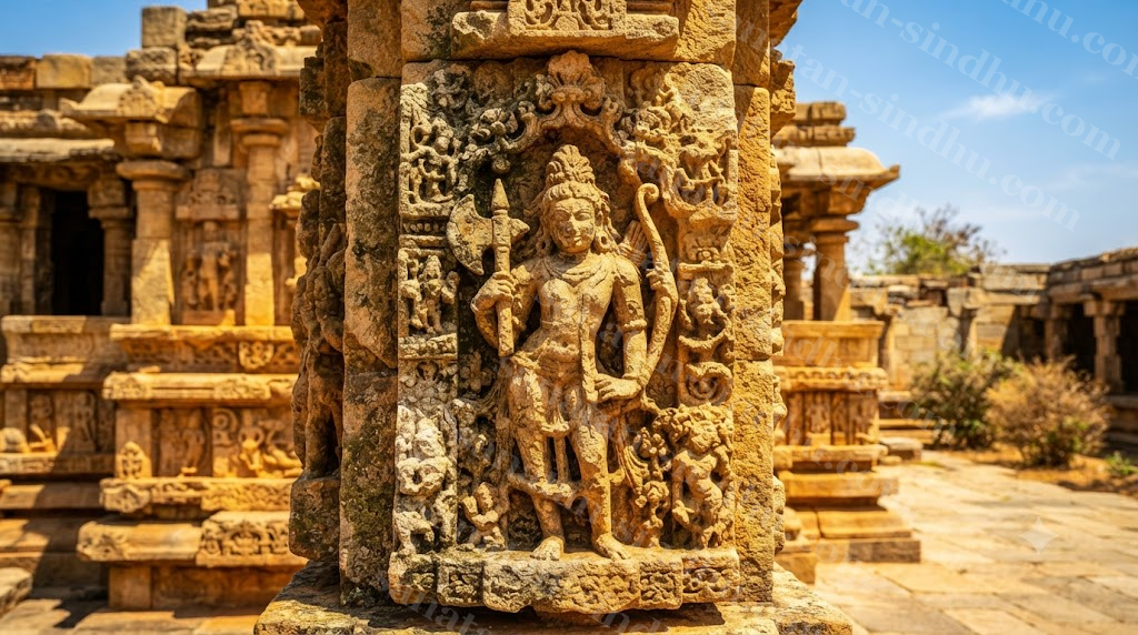 A weathered stone temple carving suggestive of Parashurama with an axe, warm midday sun on old stone.