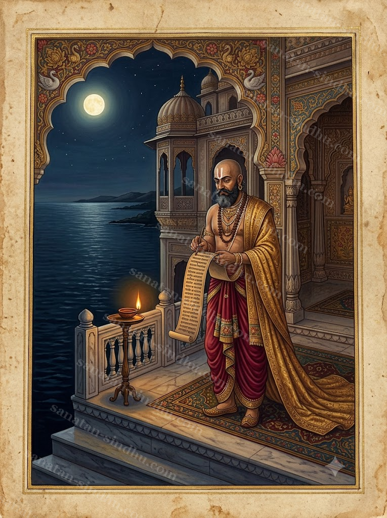 King Kakudmī walks the terraces of his sea-palace at night, troubled over a husband for his daughter Revatī.