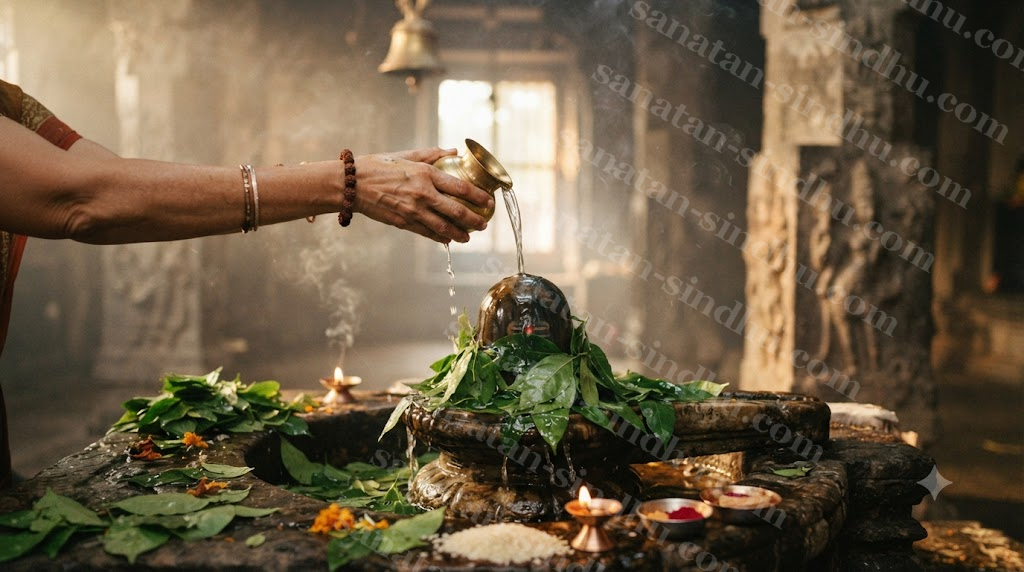 Hands pouring water from a small brass vessel over a stone Shiva lingam wreathed in bel leaves, in soft early-morning temple light.