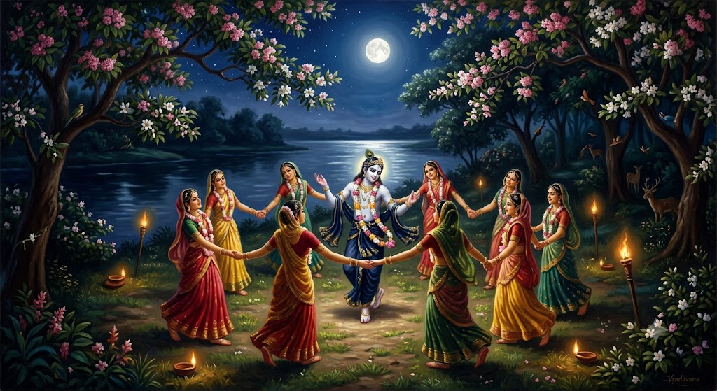 A moonlit forest clearing on the Yamunā's bank; Kṛṣṇa dances in a circle of gopīs beneath flowering trees while Balarāma joins the summer festival.