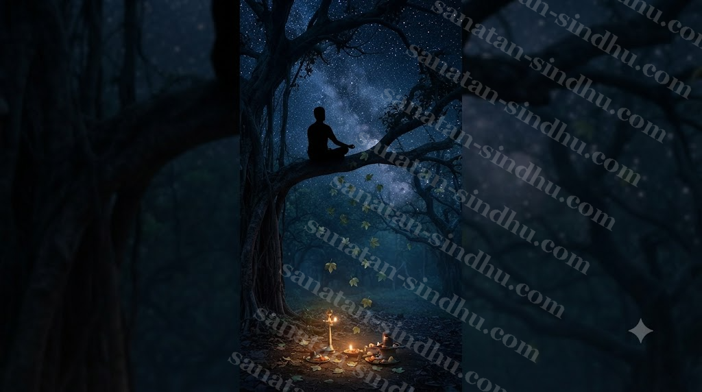 A silhouetted figure seated in the branches of a large tree at night under a starlit sky, bel leaves drifting down toward a faint glow on the forest floor below.