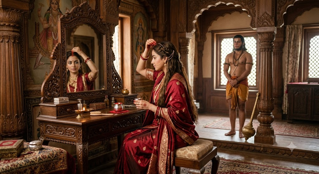 Mother Sita seated at a wooden vanity applying vermillion to the parting of her hair, while a reverent Hanuman watches from the doorway.