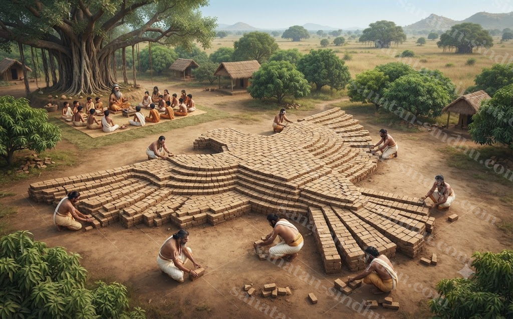 An overhead view of a Vedic fire altar under construction in the shape of a falcon with outstretched wings, built from hundreds of small fired bricks in five staggered layers, priests kneeling at the edges placing bricks by hand.