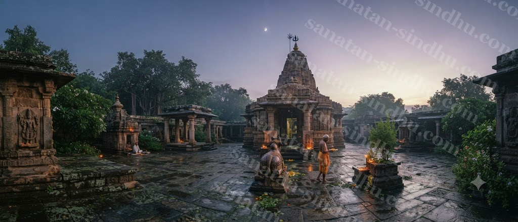 A quiet stone Shiva temple courtyard at dawn during the monsoon month, a crescent moon still faintly visible above the temple spire in a lightening sky.