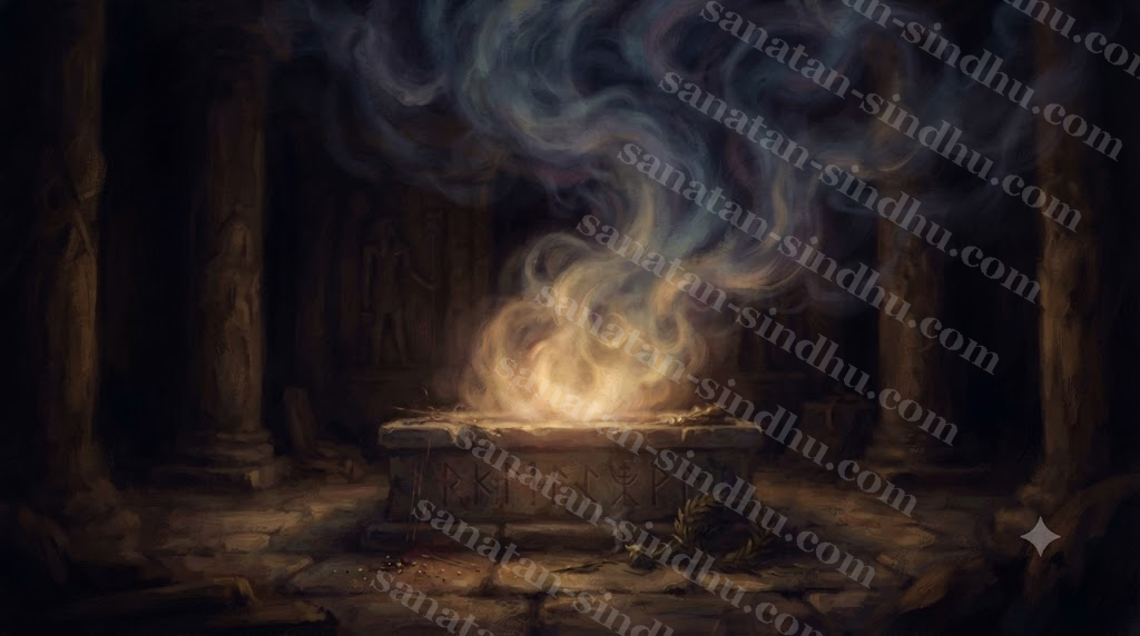 An ancient sacrificial fire suggested through soft firelight and smoke against a dark background, painterly and symbolic.