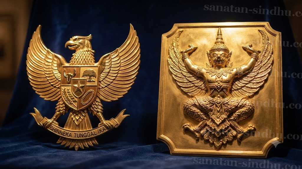 Two state emblems shown side by side in warm museum light: the golden Garuda Pancasila of Indonesia with its shield, and the Thai royal Krut Garuḍa seal in gilt relief, both rendered as heraldic eagles with human posture.