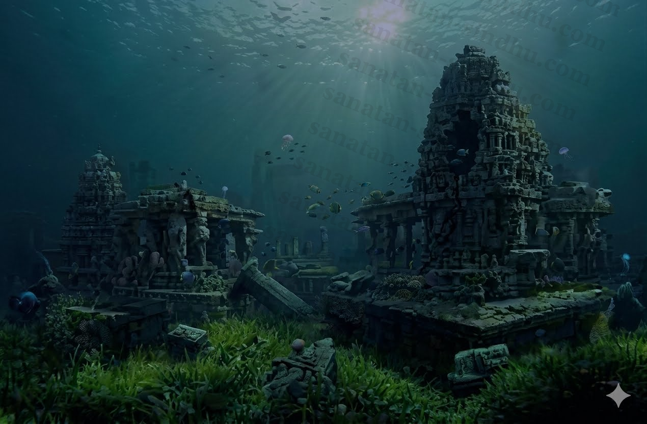 Submerged stone temple ruins of ancient Dvārakā beneath green-blue ocean water, shafts of sunlight, fish and coral over carved gopuram spires.