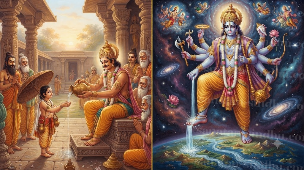 Vāmana on the left as a small brāhmaṇa-dwarf receiving water in a shell from King Bali; on the right, expanding into the cosmic Trivikrama form with one stride covering earth and heavens, the Ganges trickling from his raised toe.