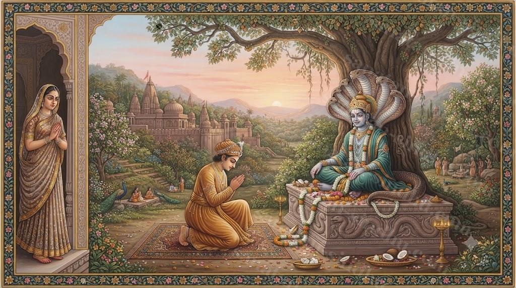A classical Indian miniature-painting style scene of a young prince kneeling before a serpent-king seated on a stone altar beneath a fig tree, his mother watching from the frame's edge with folded hands, dawn light.