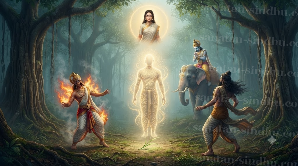 A luminous, faceless celestial Yakṣa figure standing calmly in a mist-lit clearing; before it lies a single blade of grass; Agni recoils with his flames going out, Vāyu turns away powerless, and Indra bows in humility as Umā Haimavatī appears in a soft golden halo above.