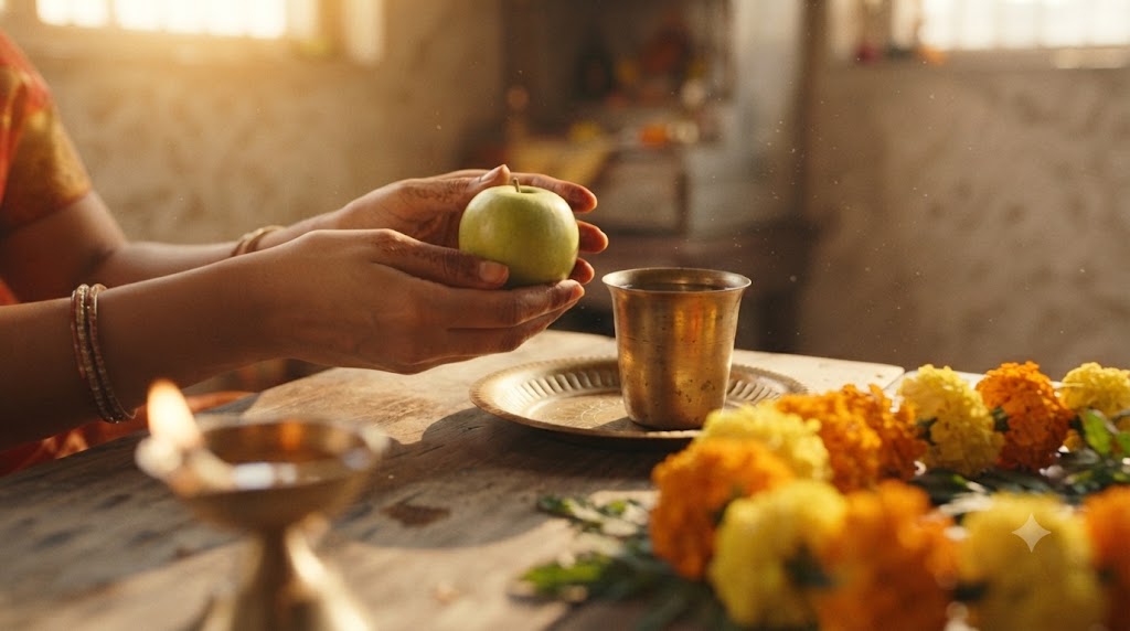 Close-up, golden-hour photograph of a pair of hands breaking a day-long fast with a single piece of fruit and a small brass cup of water, a lit diya and a strand of marigold softly out of focus in the foreground.