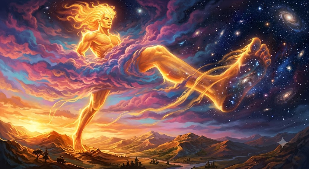 Trivikrama striding across earth, sky and stars — a luminous solar figure whose foot fills the heavens with galaxies.