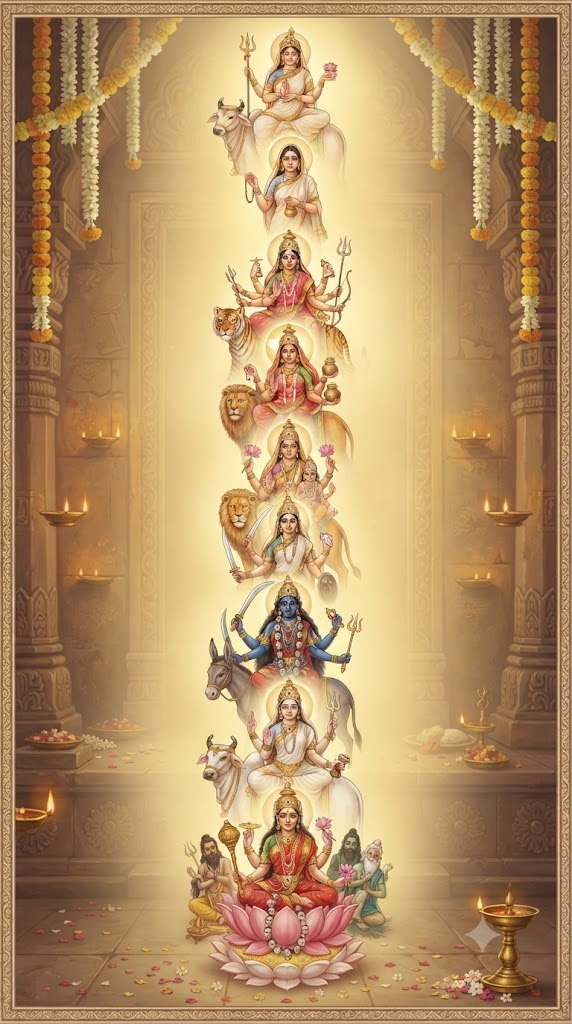 A devotional portrait rendering the Navadurgā as nine subtly distinct forms of one goddess, arranged vertically in soft golden light, each with a different posture or attribute.