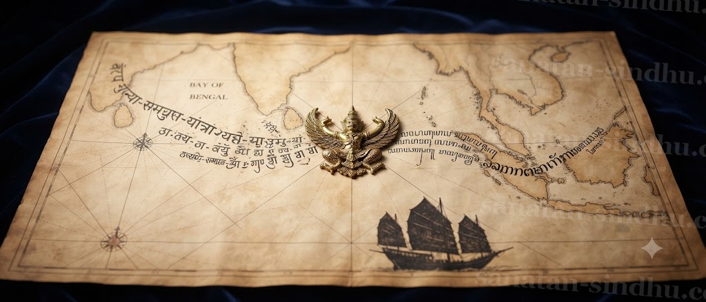 Editorial hero composition: Devanāgarī letters dissolving into Javanese and Thai script across a parchment sea-chart, with a golden Garuḍa emblem at the centre and the silhouette of a Malay sailing ship at the lower edge.