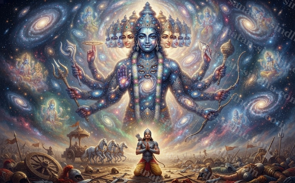 A surreal multi-dimensional cosmic being of countless eyes, blazing suns and spiralling galaxies, with one tiny human figure standing in awe before it.