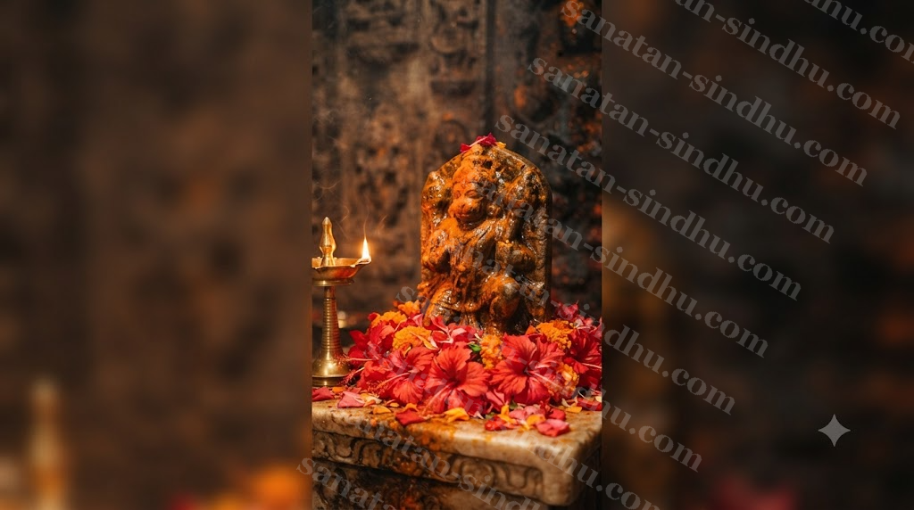 A small stone Hanuman idol smeared with orange sindoor and mustard oil, fresh red flowers and a garland at its base, a lit oil lamp beside it in warm temple light.
