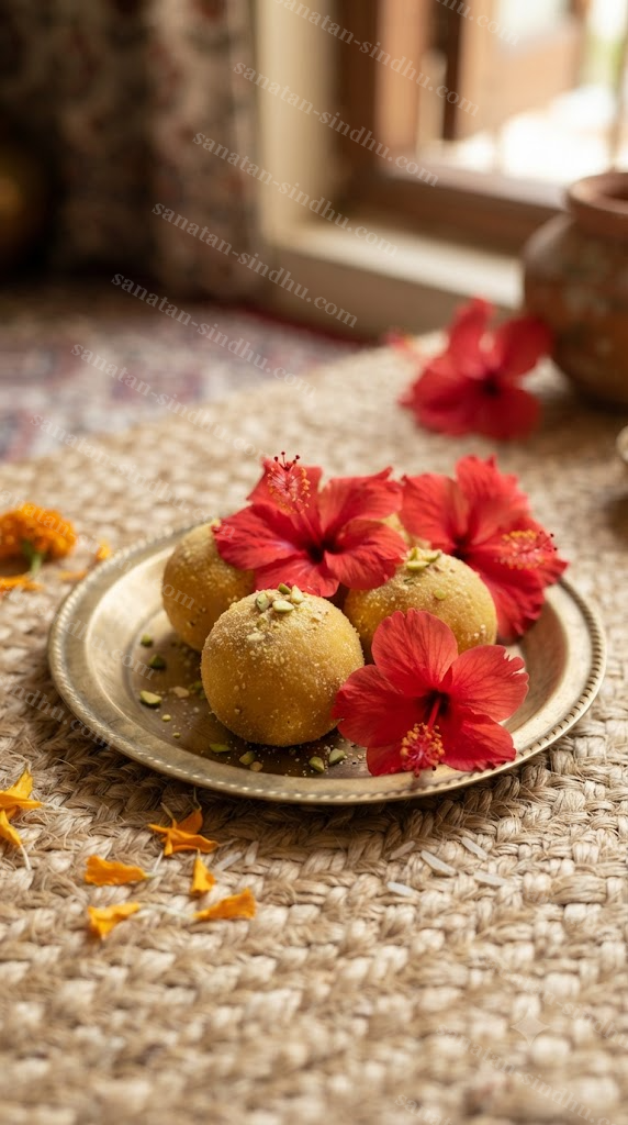 A small brass plate with besan laddu prasad and a few red hibiscus flowers, resting on a woven mat in soft natural light.