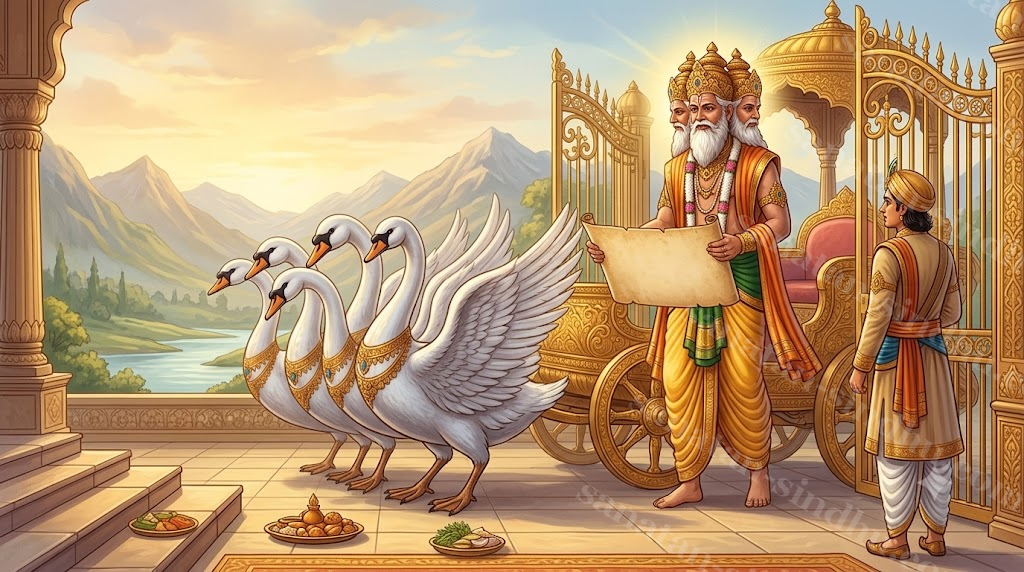 Brahmā arrives at the golden gates of Dvārakā in his swan-drawn chariot.