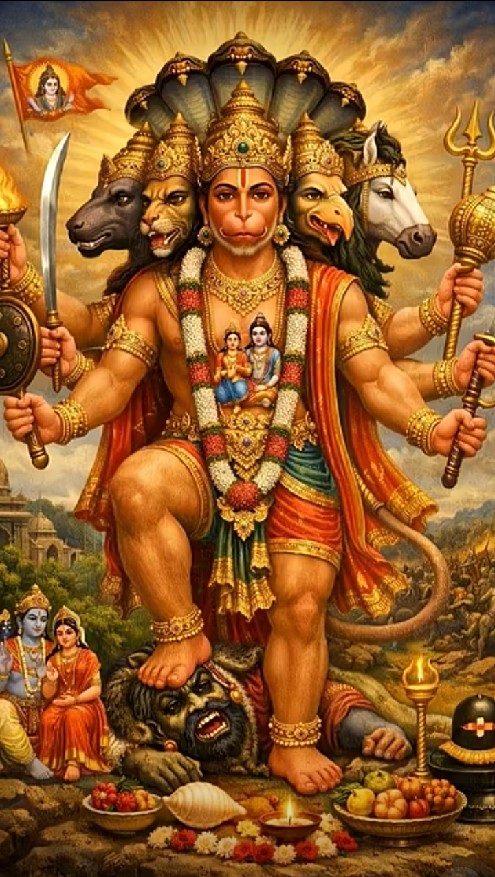 Pañchamukhī Hanumān with five faces — Hayagrīva, Hanumān, Narasiṃha, Varāha, Garuḍa