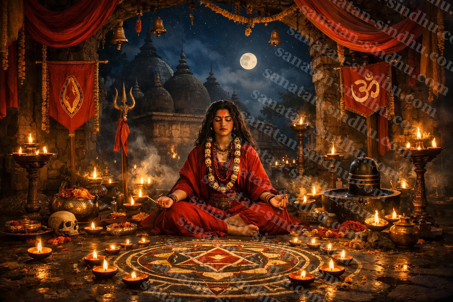A Tantric ascetic (Bhairavī) in crimson robes and a rudrākṣa-and-skull mālā, seated in meditation before a Śiva liṅga and oil lamps, a temple and full moon behind her at night.