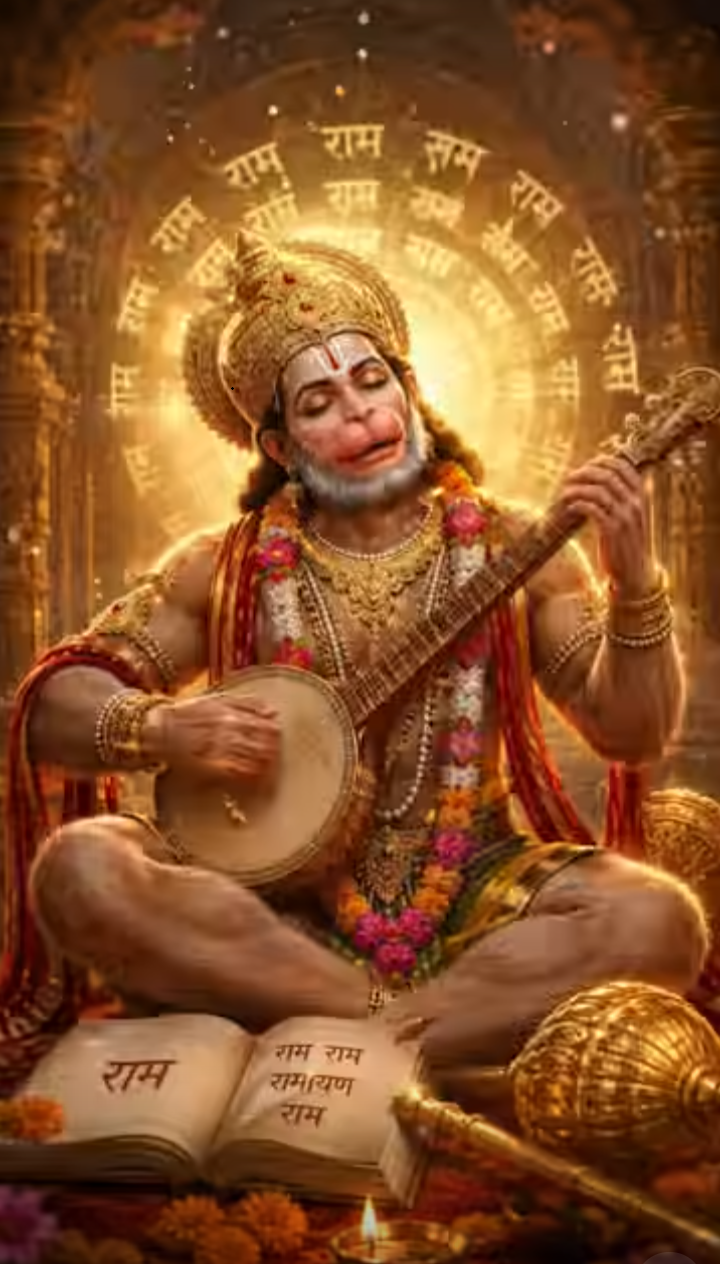 Hanumān playing a tanpura, an open book inscribed with 'Rāma' before him
