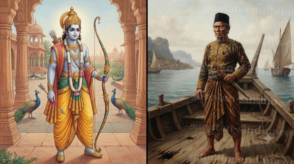 A split composition: on the left, Lakṣmaṇa as a bow-bearing prince of Ayodhyā in classical Indian painting style; on the right, an eighteenth-century Malay sea admiral in songkok and keris standing on the deck of a coastal warship, the two figures mirrored in stance.