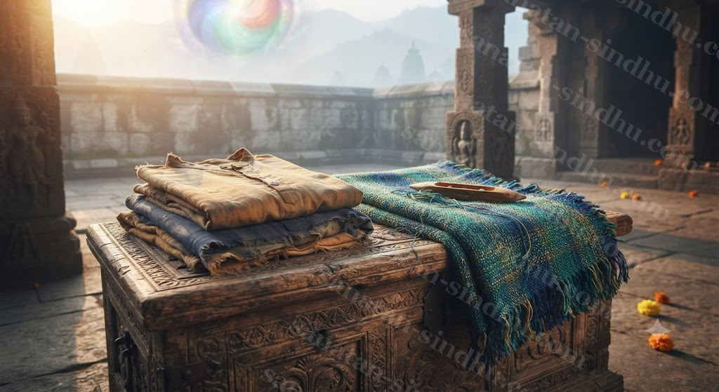 A folded set of worn garments beside a freshly woven cloth on a wooden chest, morning light across both.