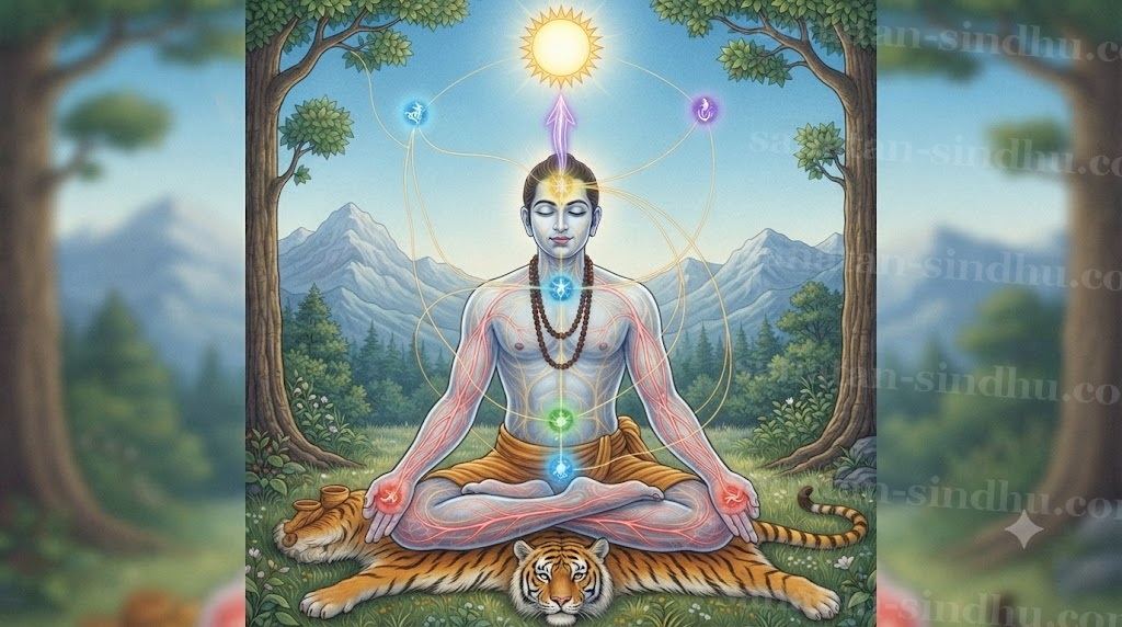 Anatomical devotional illustration: a seated yogī with the five prāṇa-vāyus glowing in different colours in different body regions (prāṇa at the head, apāna at the pelvis, samāna at the navel, vyāna throughout the limbs, udāna rising from the crown), each connected by faint lines to its macrocosmic counterpart — sun, atmosphere, external air — in the sky beyond.