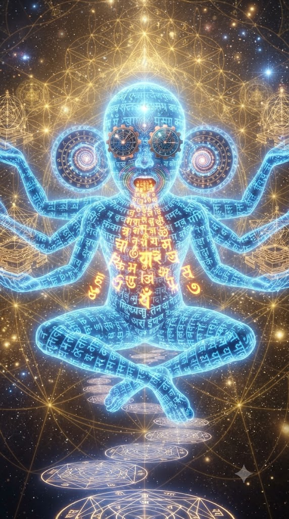 Symbolic representation of the Veda Puruṣa — a cosmic being of blue light and Sanskrit characters in a golden sacred-geometry void; eyes as glowing planetary gears (Jyotiṣa), mouth uttering fiery root words (Vyākaraṇa), nose in a breathing field of sound waves (Śikṣā), ears as spiral vortexes (Nirukta), arms holding geometric altar blueprints (Kalpa), feet on rhythmic stepping stones of light (Chhandas).