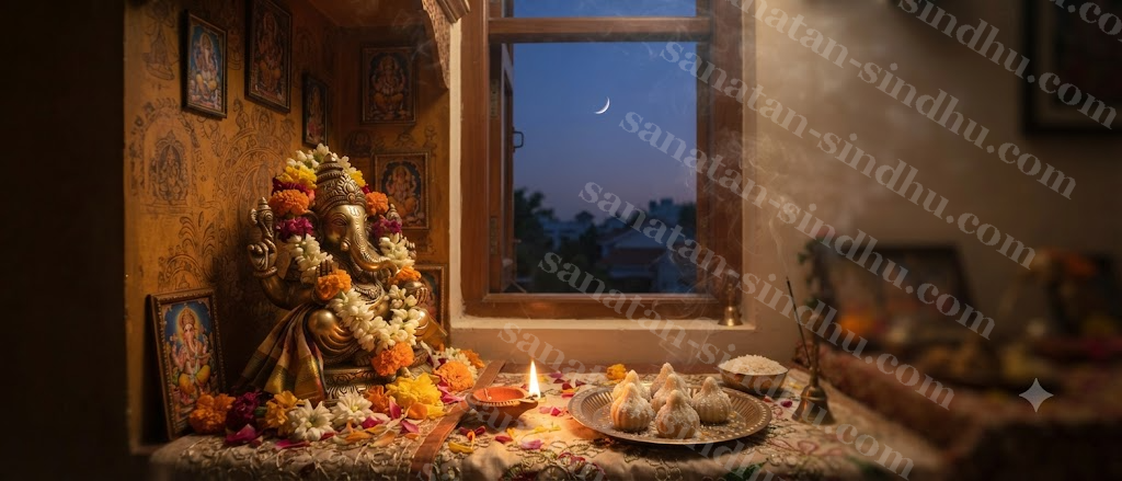A household Ganesha shrine at dusk, a small oil lamp lit and a plate of modak sweets beside the idol, a sliver of crescent moon visible through a window behind.